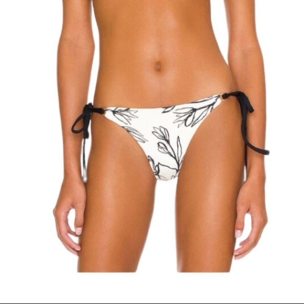 Revel Rey String Bikini Bottom Victoria Black White Floral Adjustable Ties L